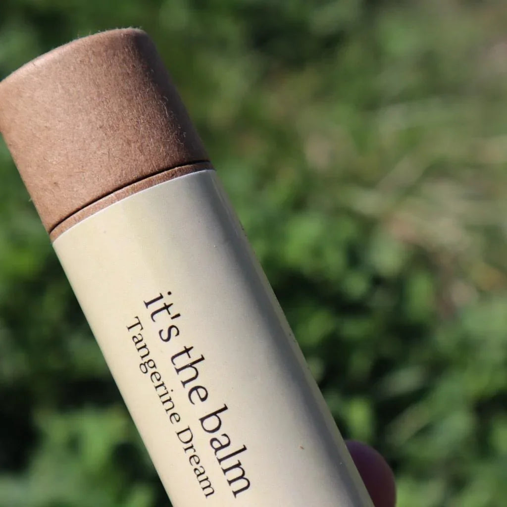 Tangerine Dream, Organic Lip Balm, Natural Lip Balm, Lip Balm Eco Friendly Packaging, Front label, Natural Blurred Background