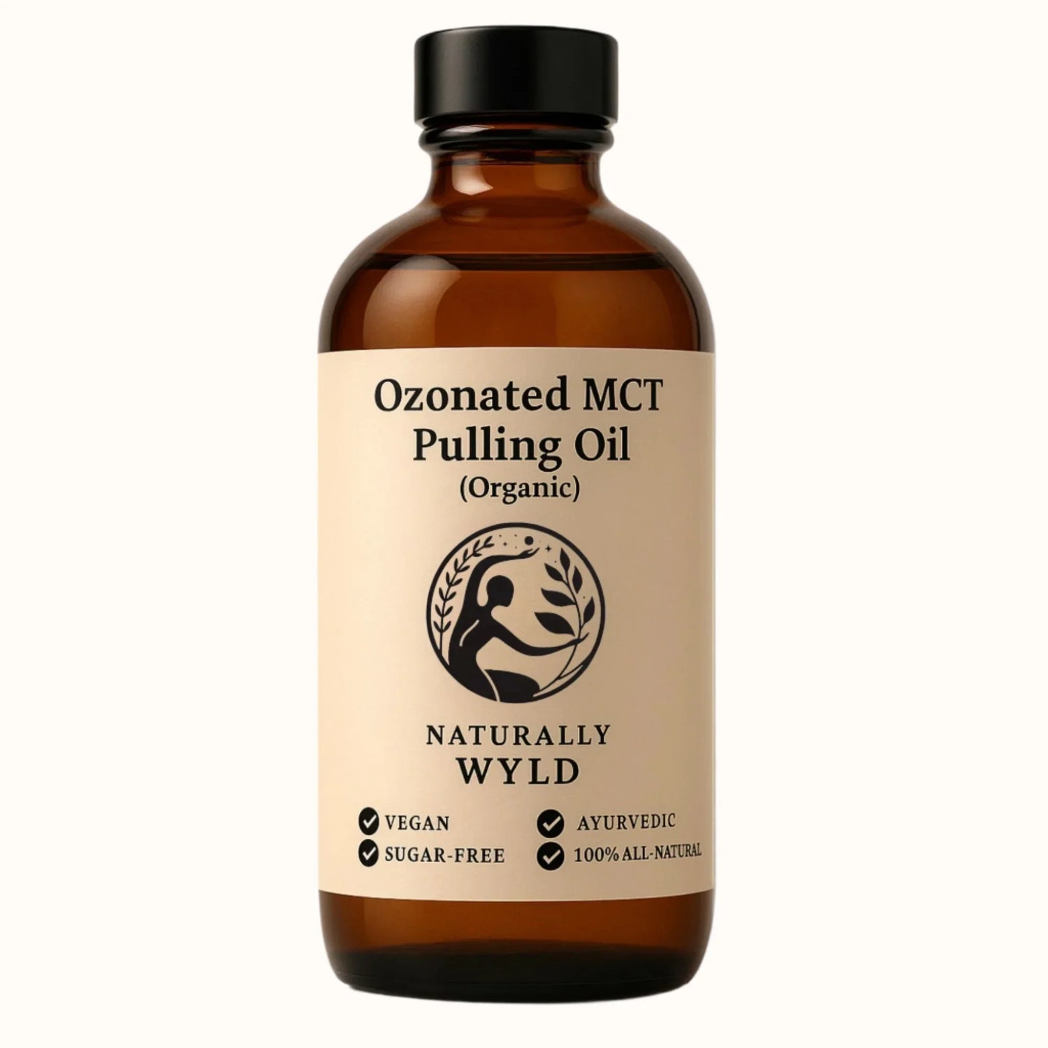 Amber glass bottle of Naturally Wyld Ozonated MCT Pulling Oil (Organic). Ayurvedic oral detox oil featuring vegan, sugar-free, cold-pressed MCT oil. Minimalist beige label with bold text and wellness icons.