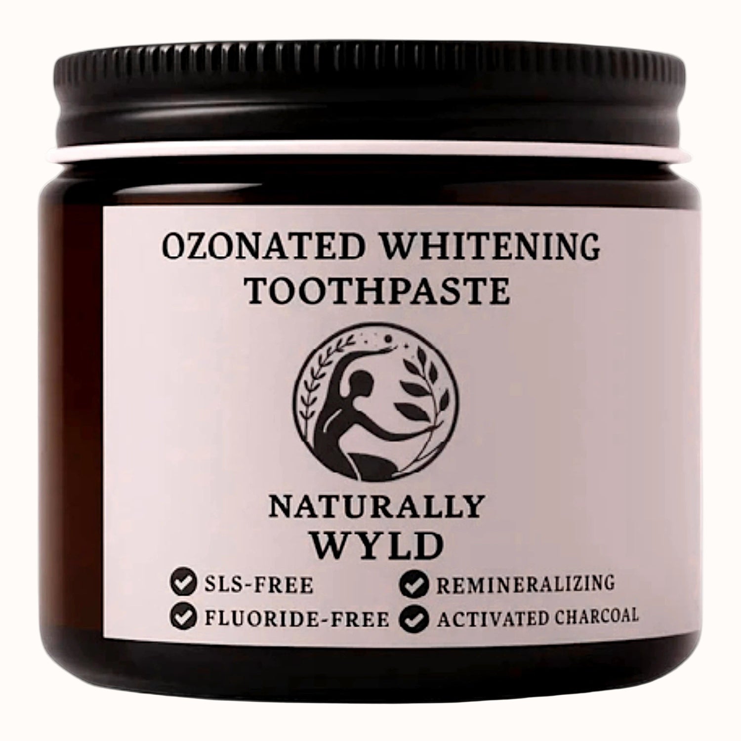 Amber jar of Naturally Wyld Ozonated Whitening Toothpaste with sleek gray label. Features include SLS-free, fluoride-free, activated charcoal, and remineralizing properties. All-natural, jar-based whitening toothpaste designed for oral health and gum support.