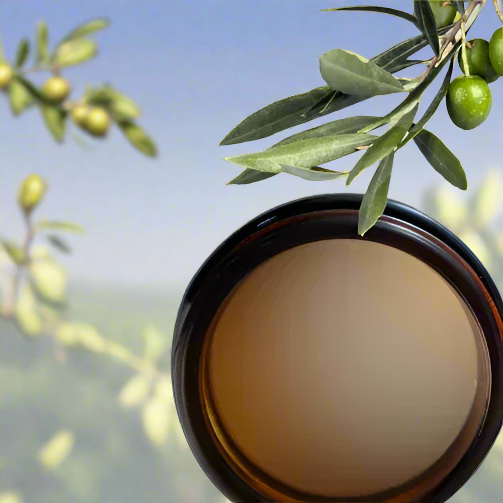 Amber jar of Naturally Wyld Pure Ozonated Olive Oil. Cold-pressed, medical-grade olive oil balm made in Canada. 100% all-natural, showing an open jar with product inside
