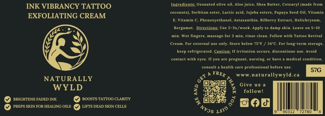 Naturally Wyld Ink Vibrancy Tattoo Exfoliating Cream label listing ingredients and benefits for brightening faded ink and removing dead skin cells.