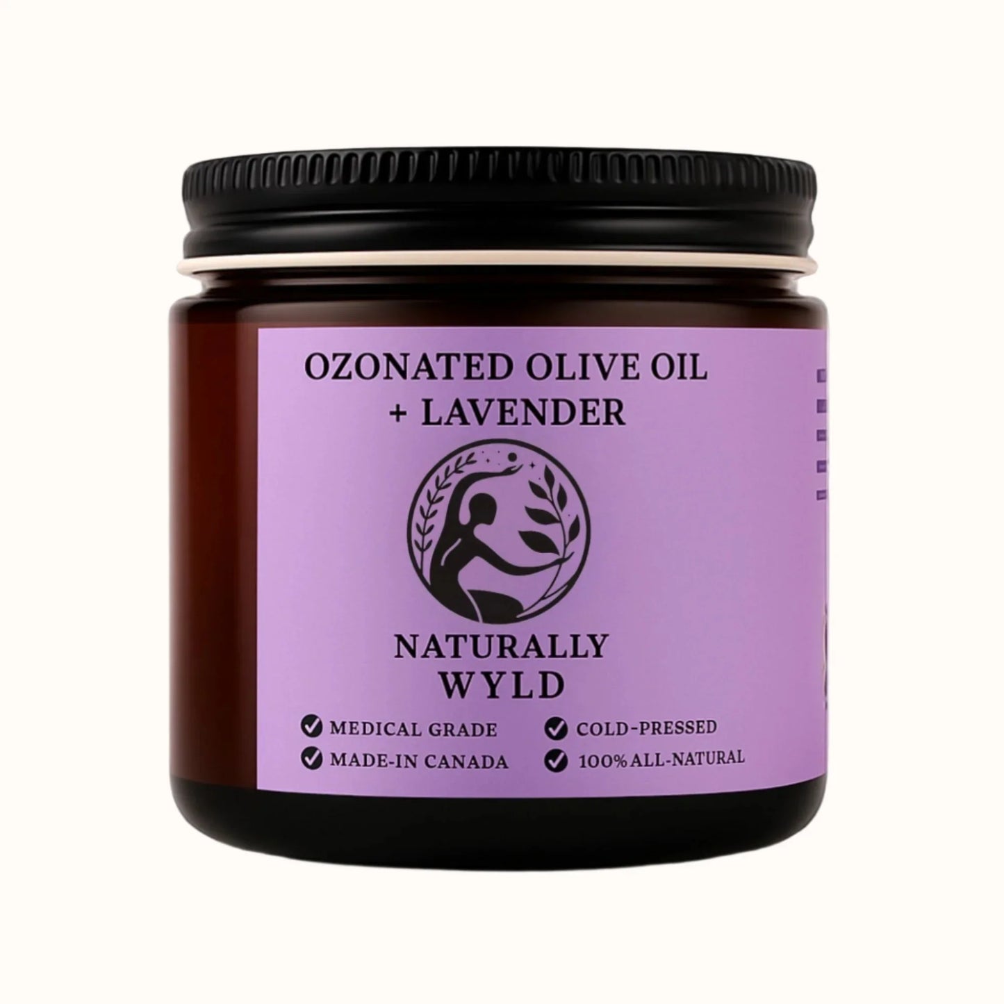 Amber jar labeled Naturally Wyld Ozonated Olive Oil + Lavender. Cold-pressed, 100% all-natural calming balm made in Canada. Medical-grade olive oil infused with lavender for skincare and relaxation.