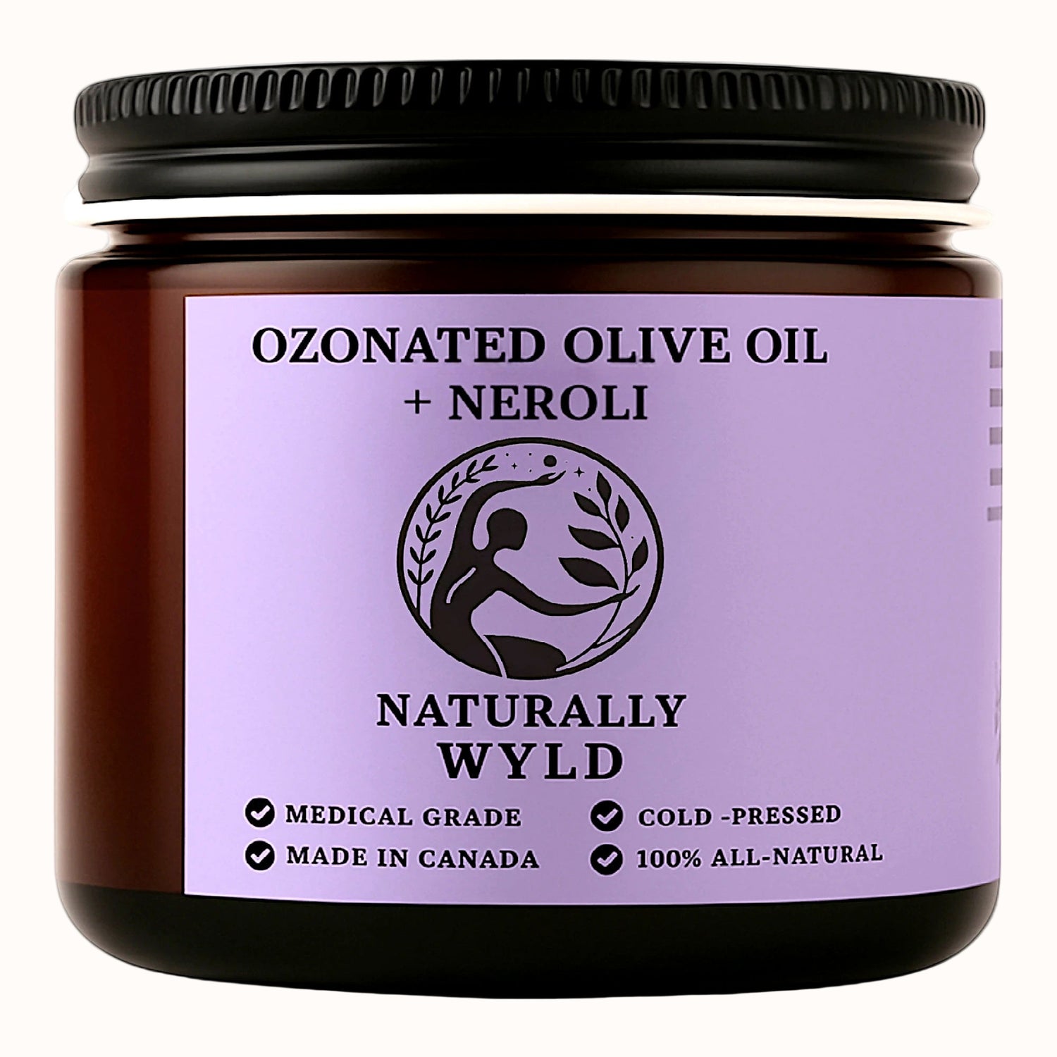 Amber jar of Naturally Wyld Ozonated Olive Oil + Neroli. Cold-pressed, medical-grade natural balm made in Canada. Infused with neroli essential oil for skin brightening and rejuvenation. 100% all-natural formula.
