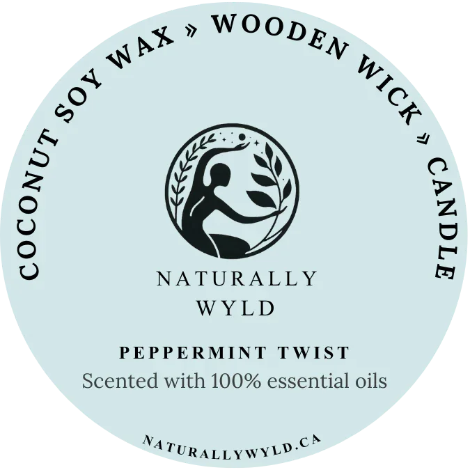 Natural Peppermint Twist Coconut Soy Wax Wooden Wick Candle. Fragrance-Free Wood Wick Candles, Essential Oil Infused Candles, Clean Candles, Zero Fragrance Soy Candles, Canadian Natural Wooden Wick Candles Label front