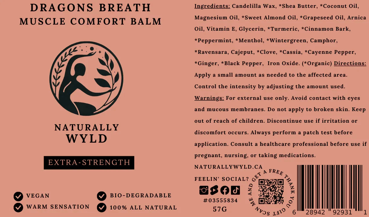 Naturally Wyld, Dragons Breath Muscle Comfort Balm, All-Natural, Eco-friendly, Extra-strength, Vegan, Bio-Degradable, Front label
