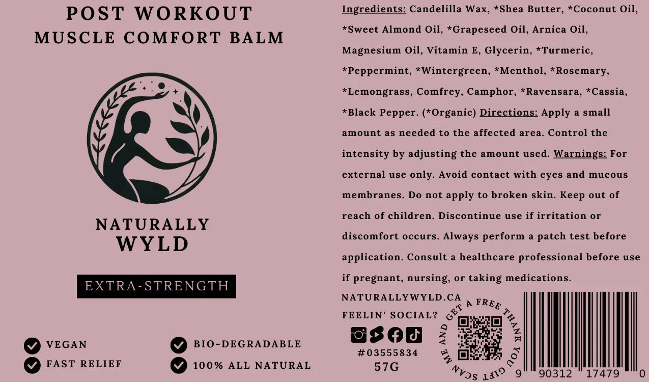 Post workout muscle recovery balm. Naturally Wyld, Magnesium oil, All-Natural, Eco-friendly, Lemongrass, front label