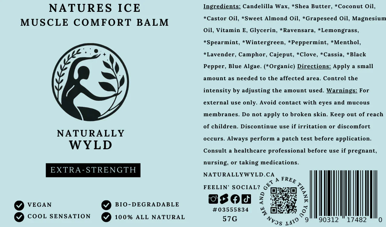 Label of natures ice naturally wyld muscle comfort balm