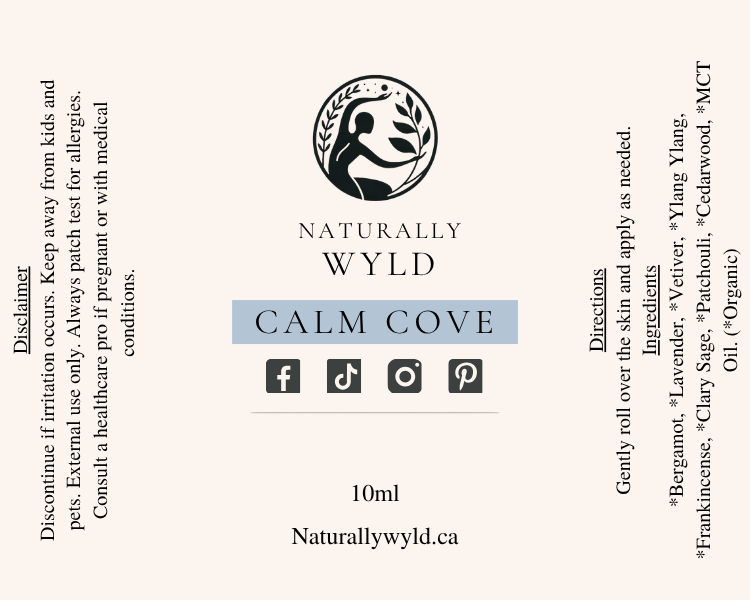 Calm Cove essential oil roll-on label with full ingredients list by Naturally Wyld
