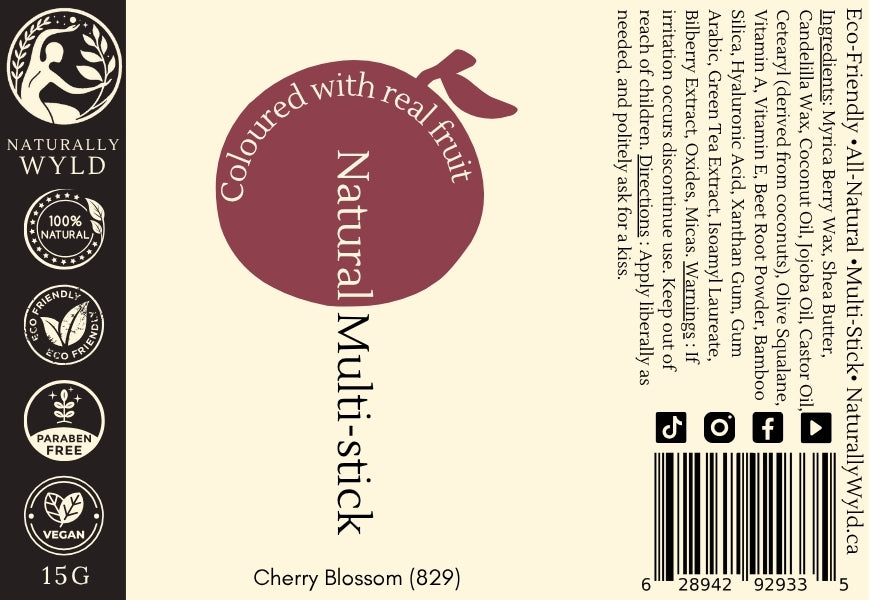 Label for Cherry Blossom Natural Multi-Stick by Naturally Wyld – luminous rose vegan makeup for lips, cheeks, and eyes.