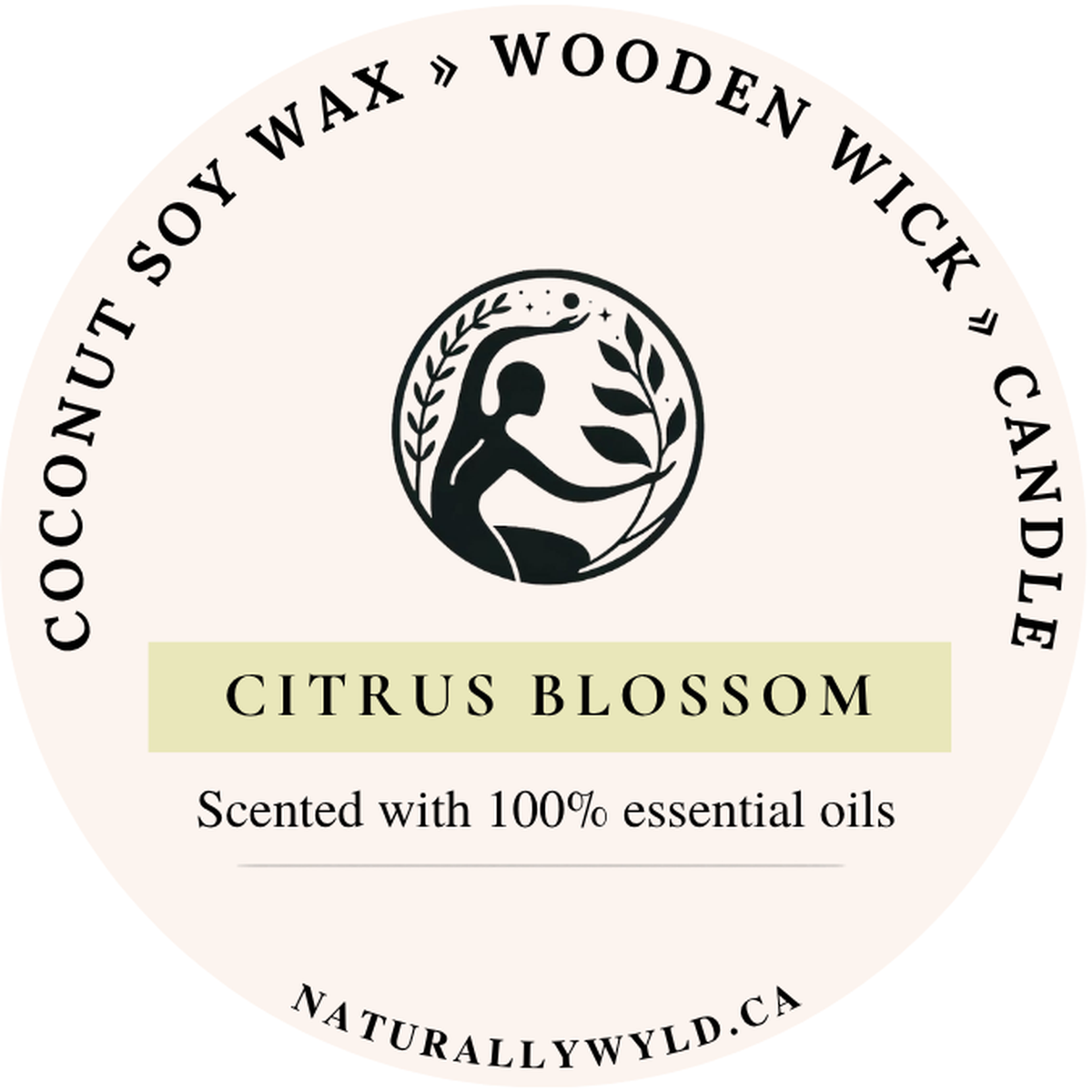 Citrus Blossom candle lid label — coconut soy wax wooden wick, scented with essential oils