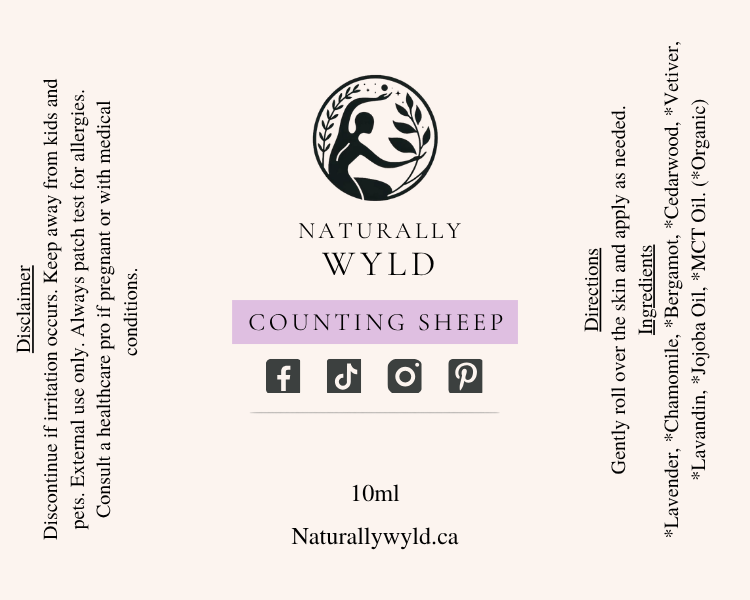 Counting Sheep essential oil roll-on label with full ingredients list by Naturally Wyld