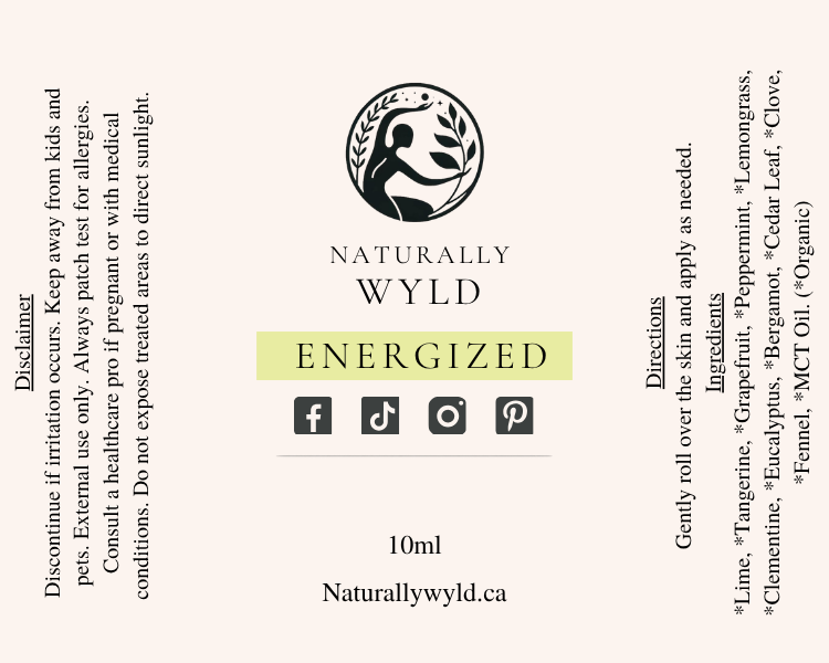 Energized essential oil roll-on label with full ingredients list by Naturally Wyld