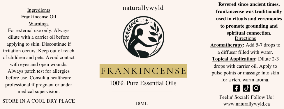 Pure Frankincense Essential Oil label in antique gold for the Naturally Wyld 18ml amber bottle