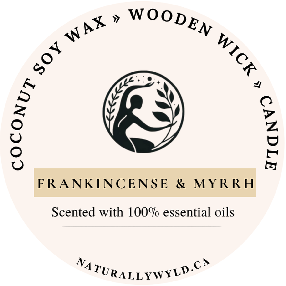 Frankincense & Myrrh candle lid label — coconut soy wax wooden wick, scented with essential oils