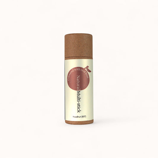 Front view of Hazelnut Multi-Stick by Naturally Wyld – a natural, vegan makeup stick for lips, cheeks, and eyes in plastic-free packaging.
