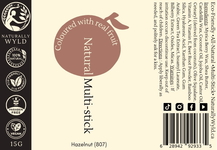 Label for Hazelnut Natural Multi-Stick by Naturally Wyld – vegan, fruit-pigmented, eco-friendly makeup for lips, cheeks, and eyes.