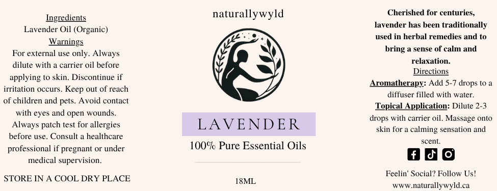 Pure Lavender Essential Oil label in soft lavender purple for the Naturally Wyld 18ml amber bottle