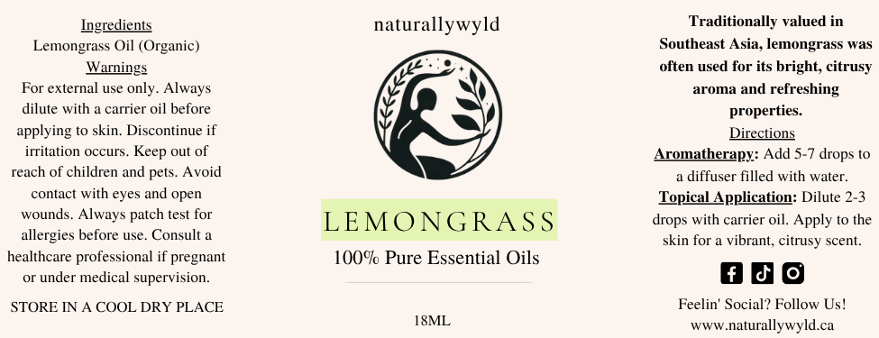 Yellow-green Lemongrass Essential Oil label for the Naturally Wyld 18ml amber bottle