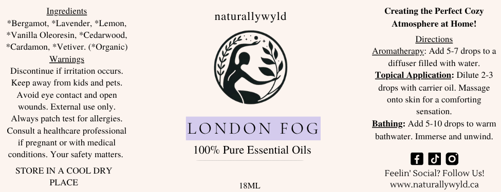 London Fog essential oil blend label in soft lavender purple for the Naturally Wyld 18ml amber bottle