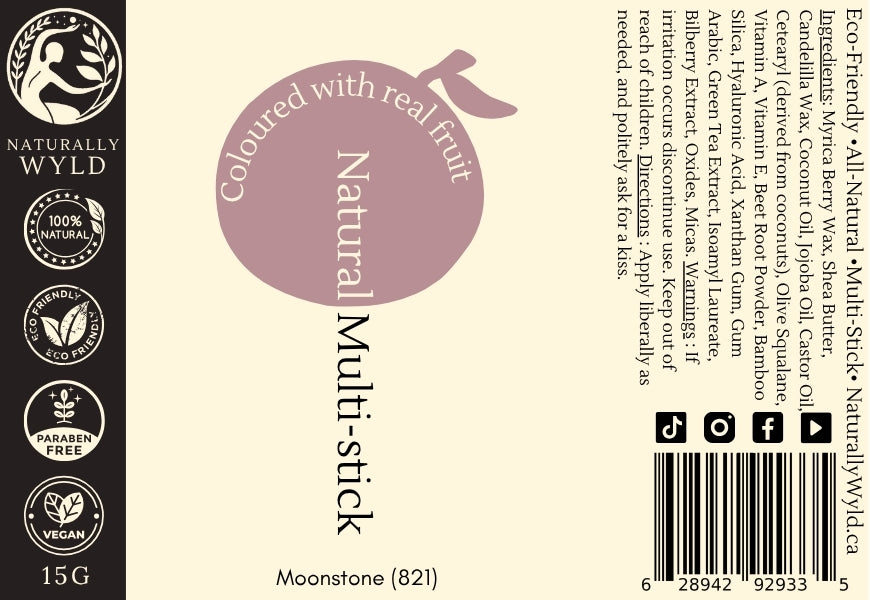 Label for Moonstone Natural Multi-Stick by Naturally Wyld – soft shimmer rose shade made with real fruit pigments in plastic-free, eco-friendly packaging.