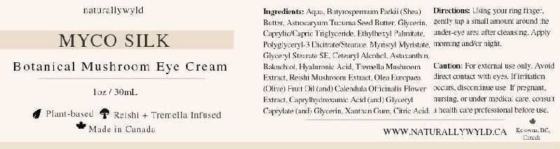 MYCO Silk Botanical Mushroom Eye Cream label — plant-based reishi and tremella mushroom infused eye cream