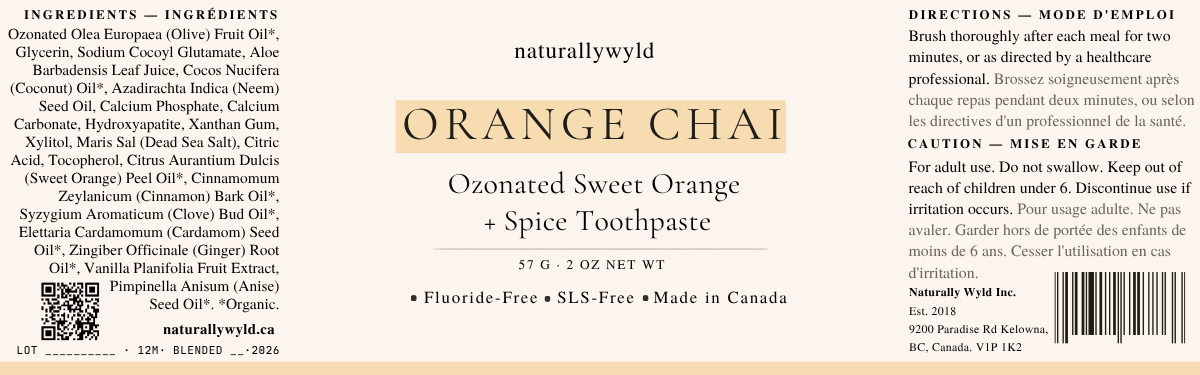 Orange Chai sweet orange and spice toothpaste label
