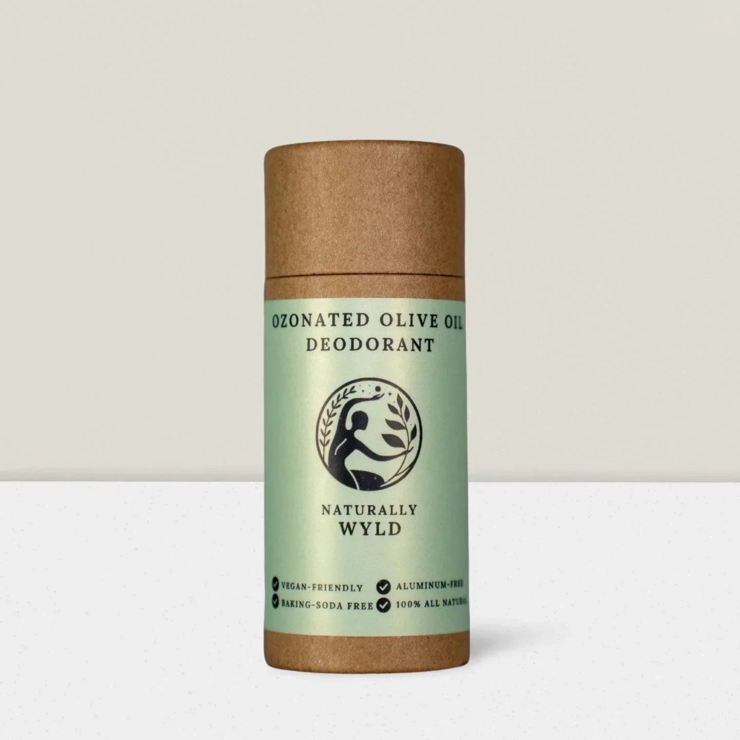 All Natural Naturally Wyld Ozonated Olive Oil Deodorant, vegan, cruelty free, aluminum free, front label, eco friendly plastic free tubes