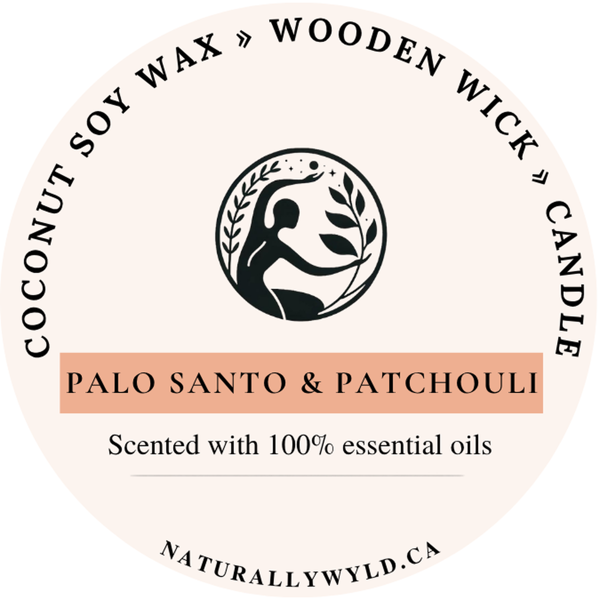 Palo Santo & Patchouli candle lid label — coconut soy wax wooden wick, scented with essential oils