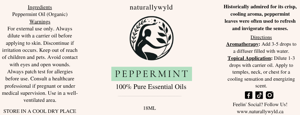 Pure Peppermint Essential Oil label in fresh mint green for the Naturally Wyld 18ml amber bottle