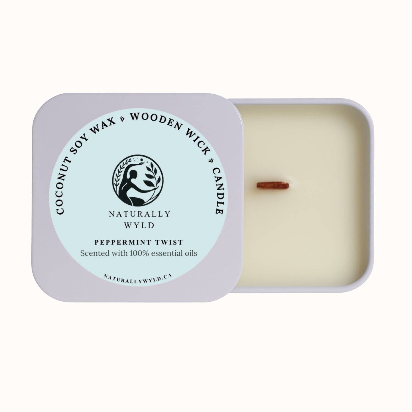 Peppermint Twist natural candle made with coconut soy wax and wooden wick, scented with peppermint essential oil