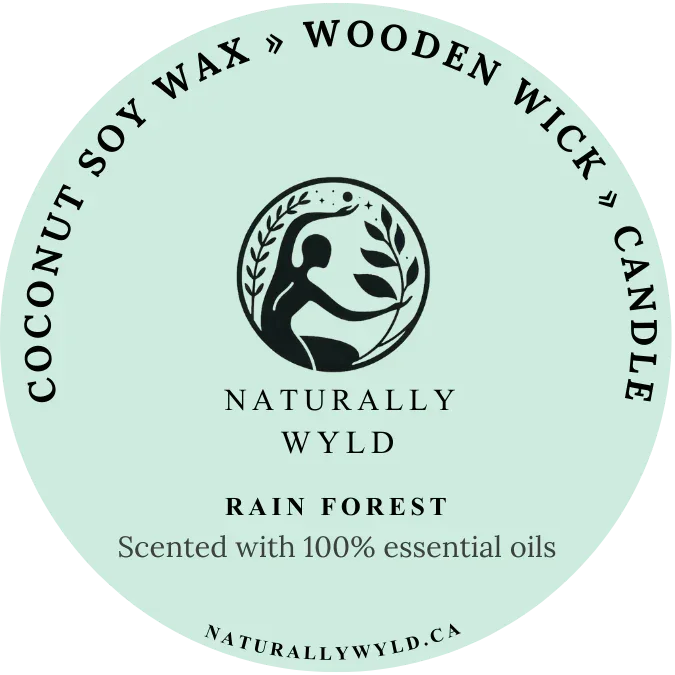 Naturally Wyld Rainforest Candle label with coconut soy wax and wooden wick, scented with 100% essential oils