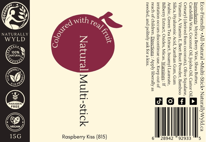 Label for Raspberry Kiss Natural Multi-Stick by Naturally Wyld – a vegan, fruit-pigmented, all-in-one makeup stick for lips, cheeks, and eyes.