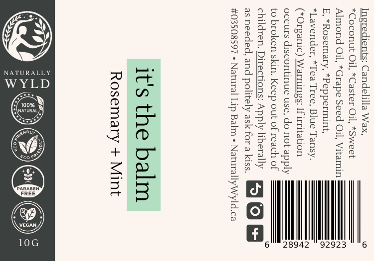 Rosemary and Mint natural lip balm label with full ingredients list by Naturally Wyld