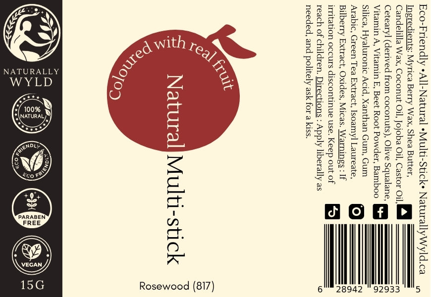 Rosewood Multi-Stick label – all-natural vegan makeup for lips, cheeks, and eyes in earthy rose tone