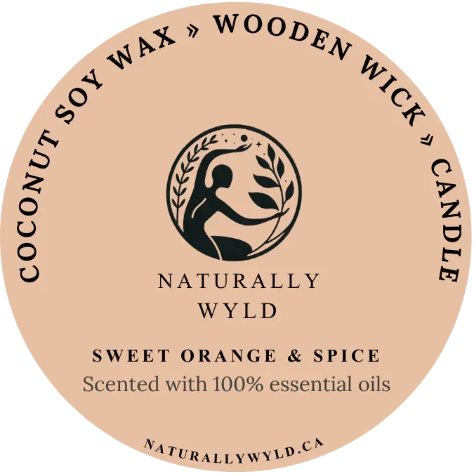 Naturally Wyld Orange Spice Coconut Soy Wax Wooden Wick Candle. Fragrance-Free Wood Wick Candles, Essential Oil Infused Candles, Clean Candles, Zero Fragrance Soy Candles, Canadian Natural Wooden Wick Candles Label front