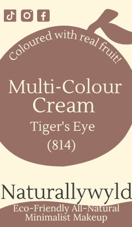 Tiger’s Eye Colour Cream label – warm golden brown cream colour for lips, cheeks, and eyes in a recyclable tin