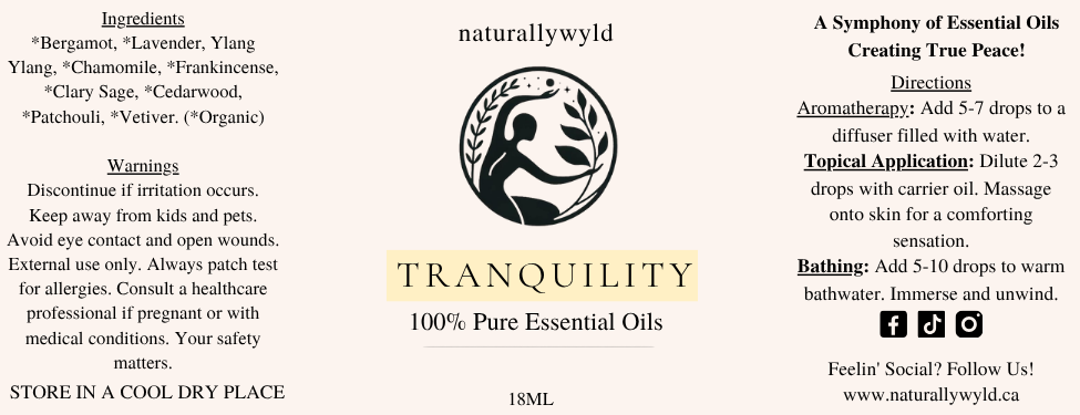 Tranquility essential oil blend label in pale butter yellow for the Naturally Wyld 18ml amber bottle