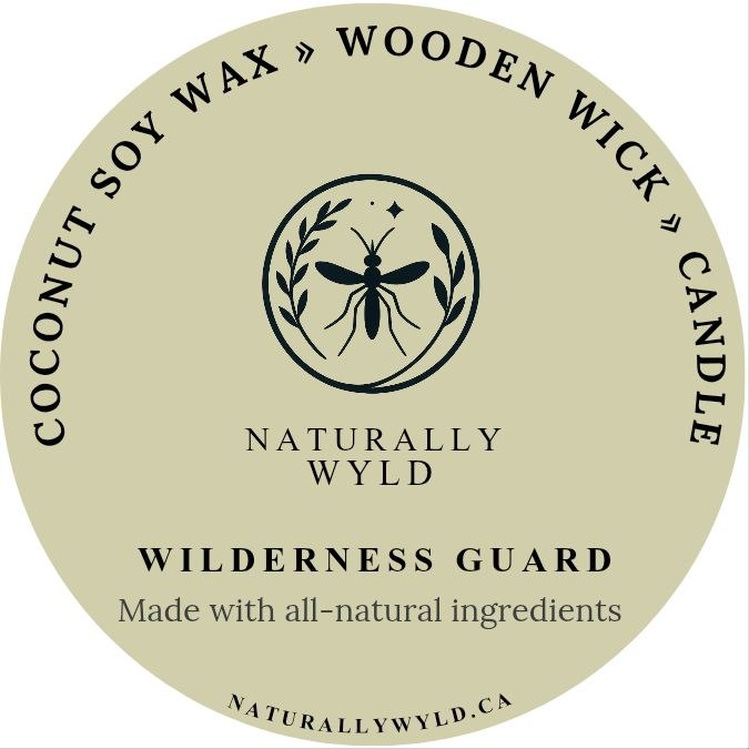 Wilderness Guard candle label — coconut soy wax wooden wick candle with botanical emblem, Naturally Wyld