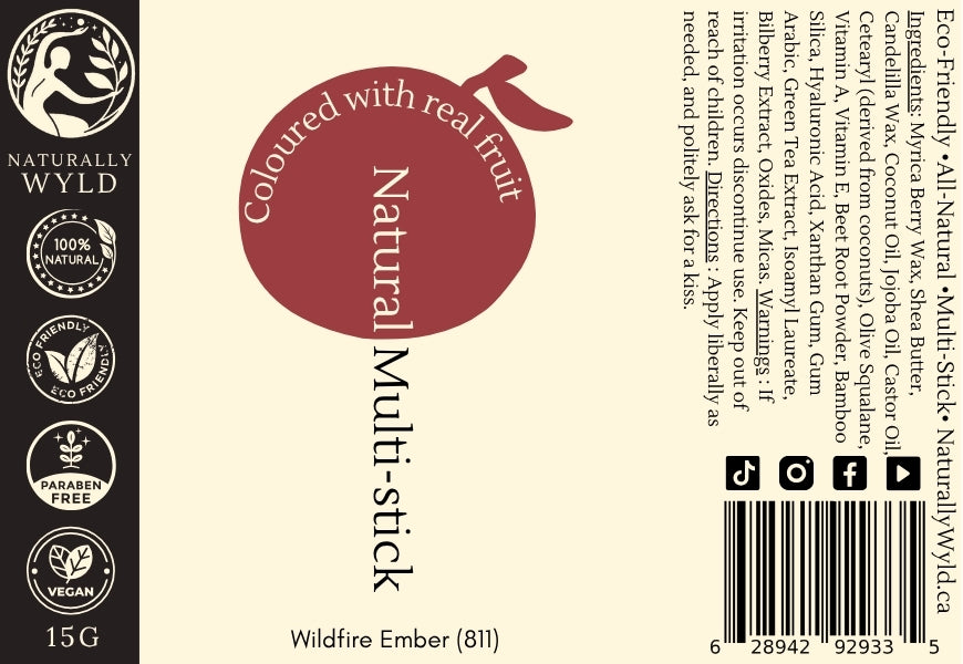 Label for Wildfire Ember Natural Multi-Stick – vibrant red fruit-pigmented vegan makeup with golden shimmer, handmade in Canada by Naturally Wyld.