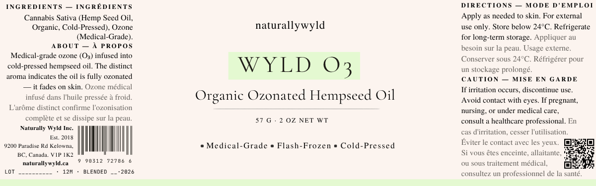 WYLD O3 ozonated hempseed oil label