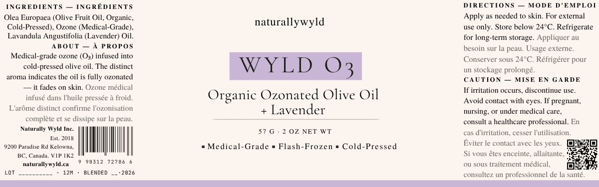 WYLD O3 ozonated olive oil with lavender label