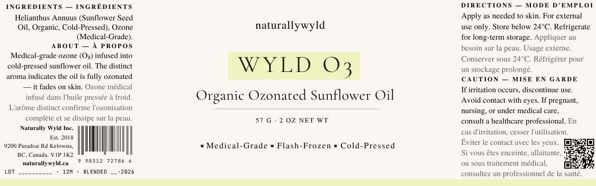WYLD O3 ozonated sunflower oil label