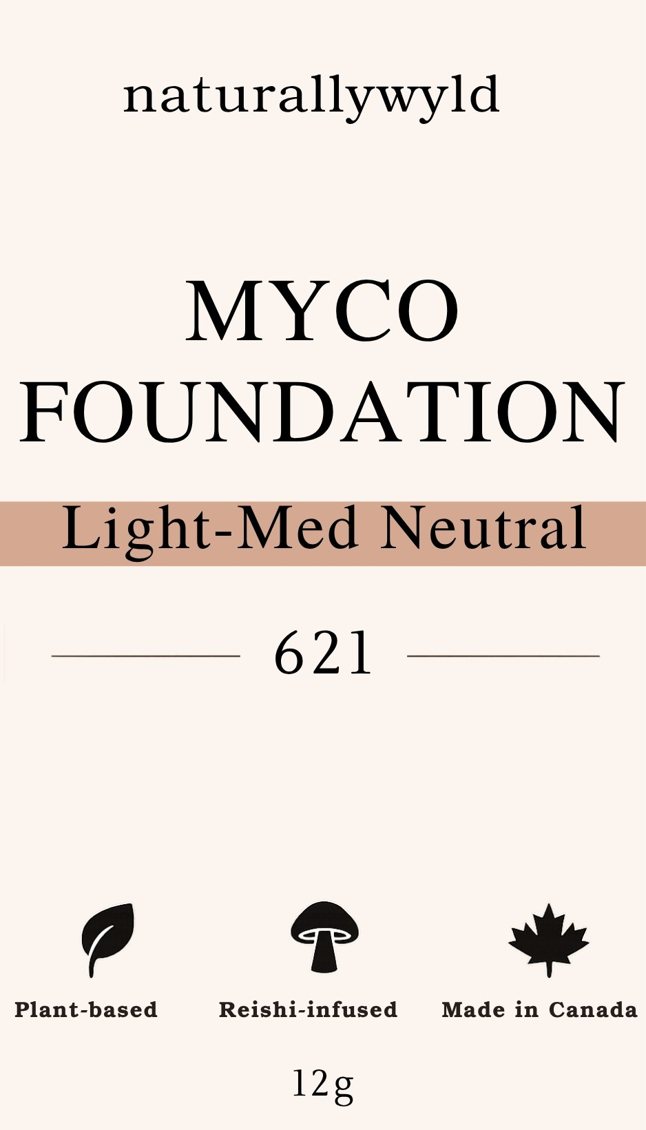 MYCO Foundation shade 621 label – Light-Medium Neutral, Naturally Wyld ingredient list