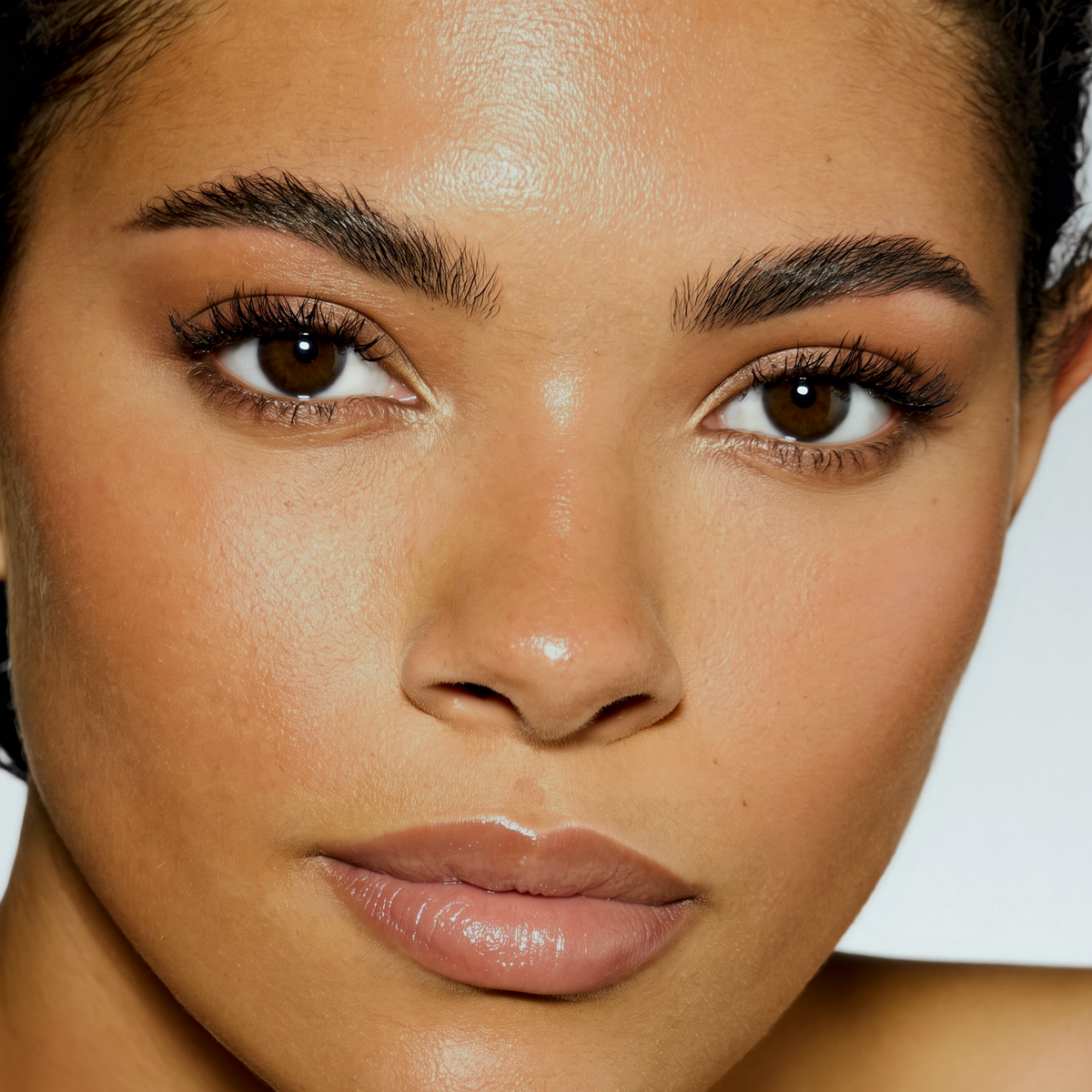 Model wearing MYCO Foundation 656 Medium Warm - vegan mushroom-powered foundation for medium warm skin