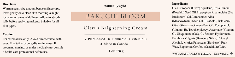 Bakuchi Bloom citrus brightening cream label - plant-based bakuchiol and vitamin C