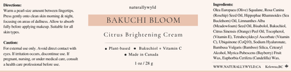 Bakuchi Bloom citrus brightening cream label - plant-based bakuchiol and vitamin C