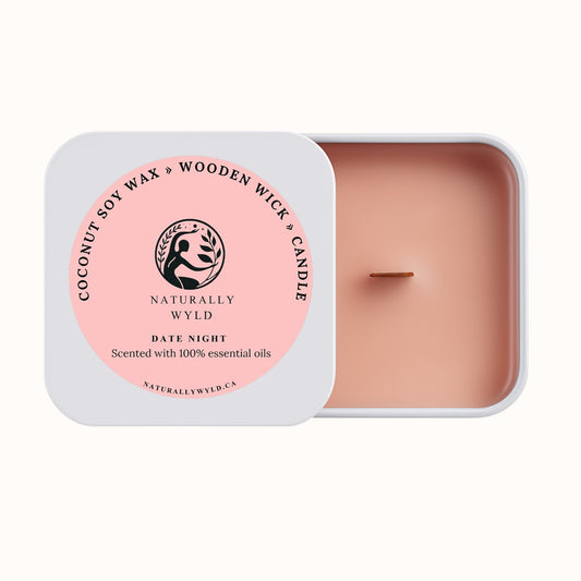 Naturally Wyld Date Night candle hand-poured with coconut soy wax and a wooden wick, designed for romantic ambiance and connection