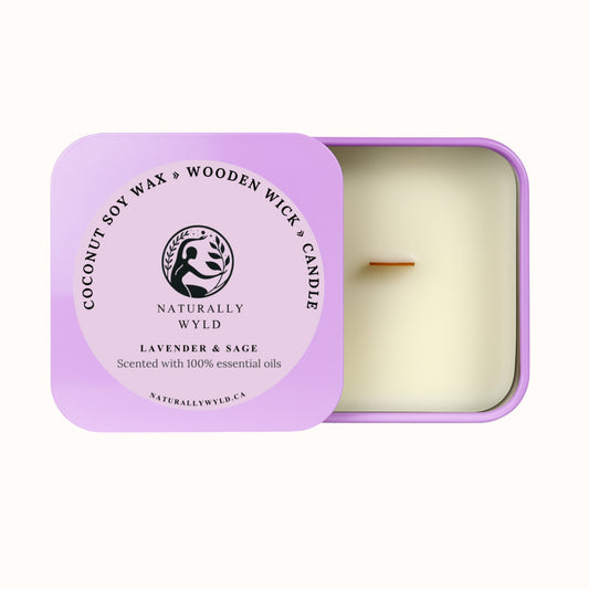 Lavender Sage coconut soy wax candle with wooden wick, scented with 100% essential oils, hand-poured in Canada by Naturally Wyld