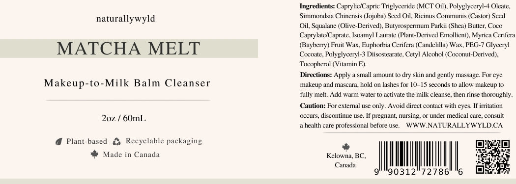 Naturally Wyld Matcha Melt makeup-to-milk balm cleanser label with ingredients and directions.