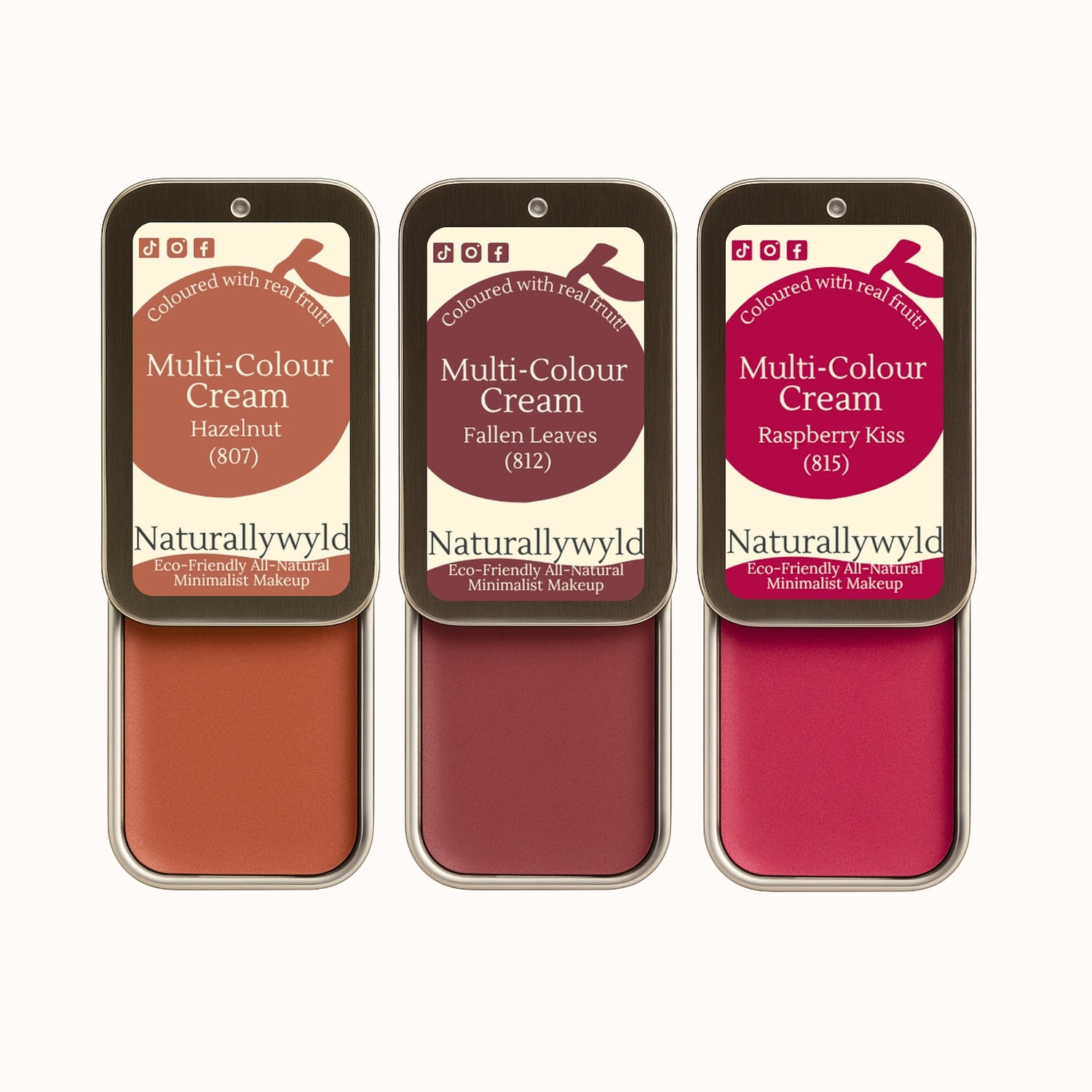 Three Naturallywyld multi-colour cream products with visible color swatches on a white background.